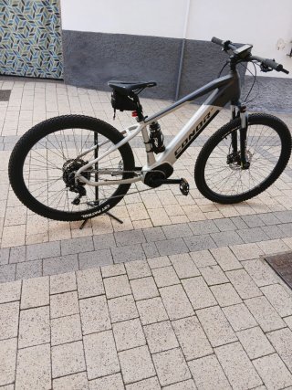 Bicicleta eléctrica gris y blanca