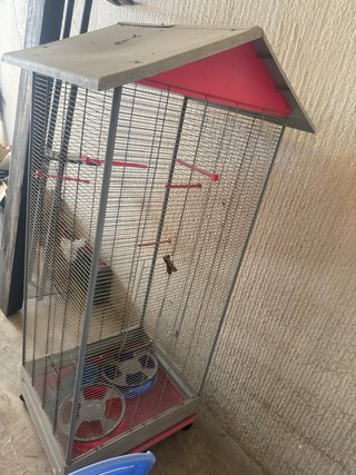 Jaula alta para pájaros con techo rosa