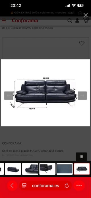 Sofá de piel 3 plazas Conforama Azul