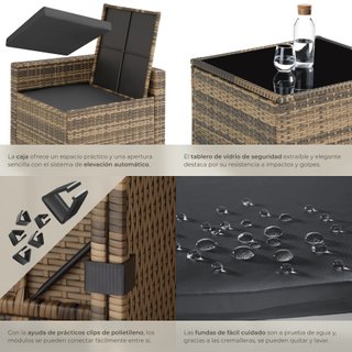 Conjunto muebles ratán trenzado cojines baúl natural 66x66x66cm