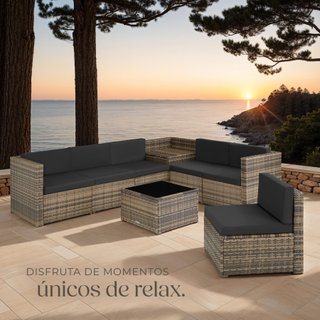 Conjunto muebles ratán trenzado cojines baúl natural 66x66x66cm