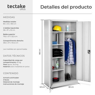 Armario archivador de acero con cierre 180 x 80 x 40 cm gris
