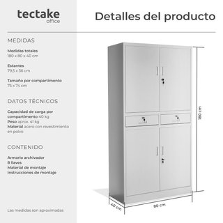 Armario archivador de acero y 2 cajones 180x80x40 cm gris claro
