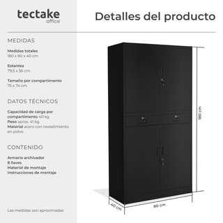 Armario archivador de acero y 2 cajones 180x90x40 cm negro