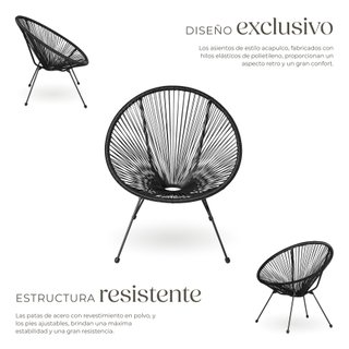 Set de 2 sillas de jardín con mesa de estilo retro Acapulco negro