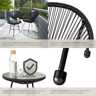 Set de 2 sillas de jardín con mesa de estilo retro Acapulco negro