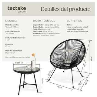 Set de 2 sillas de jardín con mesa de estilo retro Acapulco negro