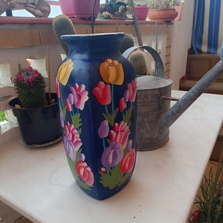 Jarrón azul flores pintado a mano