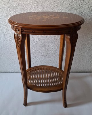 MESITA AUXILIAR VINTAGE OVALADA MARQUETERÍA RATÁN