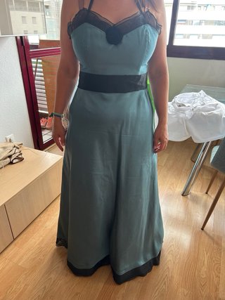 Vestido largo mujer de seda y tul azul y negro