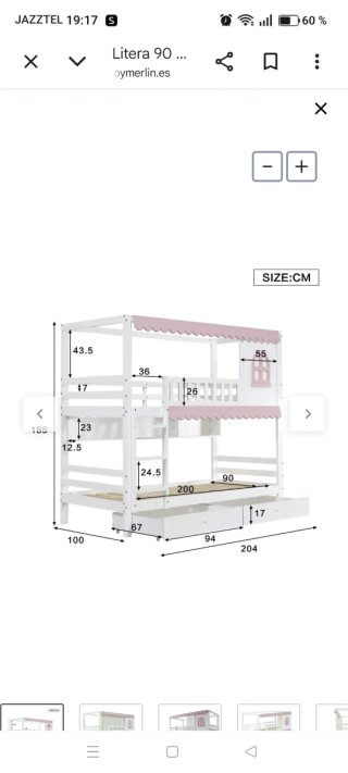 Litera Infantil 90x200cm Blanca y Rosa