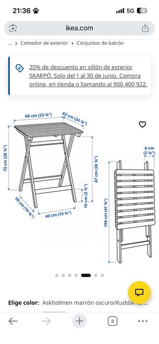 Conjunto mesa y 2 sillas madera exterior