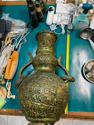 Jarrón Antiguo Decorado Metal Terracota