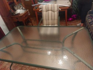 Mesa Terraza Cristal y Metal y 6 sillas. 168x96