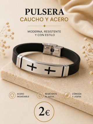 Pulsera Caucho y Acero Cruz