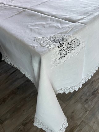 Tovaglia Lino Bianco con Ricami 264x160 cm