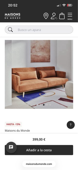 Sofá Maisons du Monde naranja terciopelo