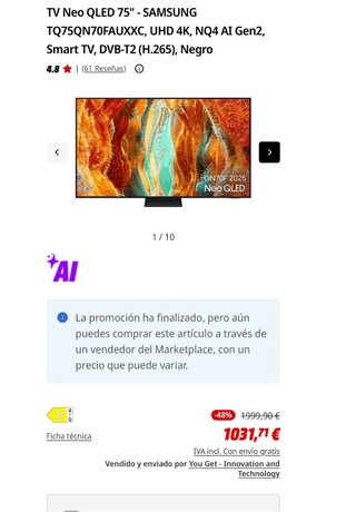 TV Samsung Neo QLED 75 TQ75QN70FAUXXC