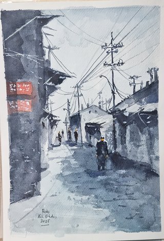 Acuarela original callejón asiático 2025