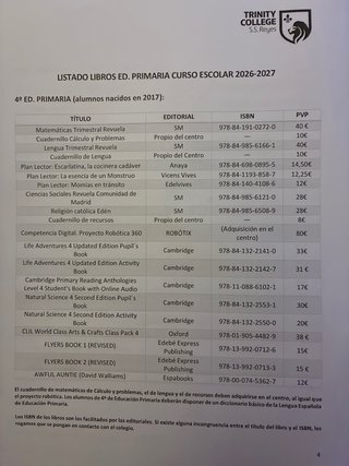 Listado libros de texto 4º primaria Trinity colleg