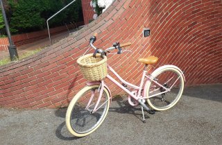 Bicicleta rosa estilo retro con cesta