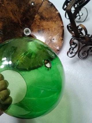 Lámpara farol colgante cristal verde forja retro v