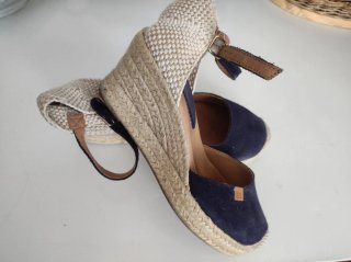 Sandalias esparto tacón Blu azul marino y beige