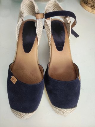 Sandalias esparto tacón Blu azul marino y beige