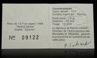 Moneda Plata 10 Francos Roland Garros 1988
