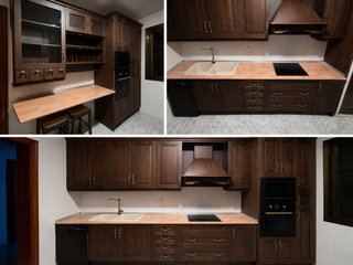 Cocina completa madera oscura y cristal