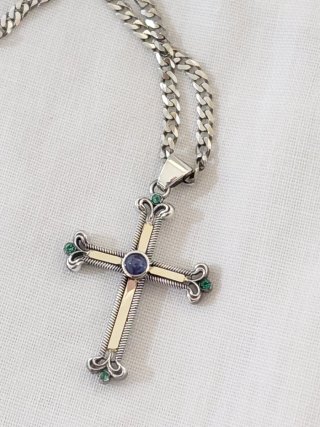 Colgante Cruz Oro 18k Plata Zafiro Esmeraldas