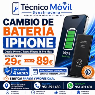 Cambio Batería iPhone 7 a 16 Pro Max