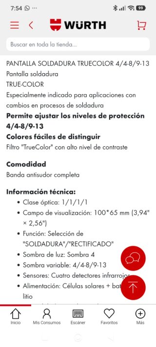 Pantalla Soldadura Wurth True Color Nueva