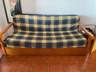 Sofá Cama Madera y Tela Azul/Amarillo