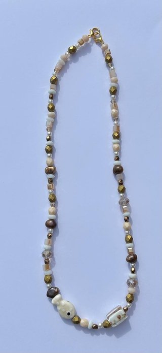 Collana perline vetro e ceramica beige oro