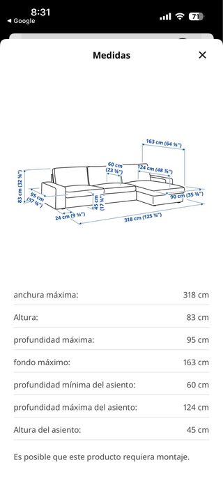 Sofá chaiselongue IKEA 4 plazas gris