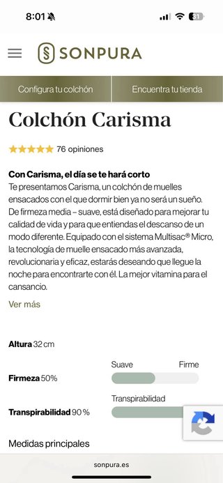 SONPURA CARISMA V5 Colchón 135x190 GAMA ALTA