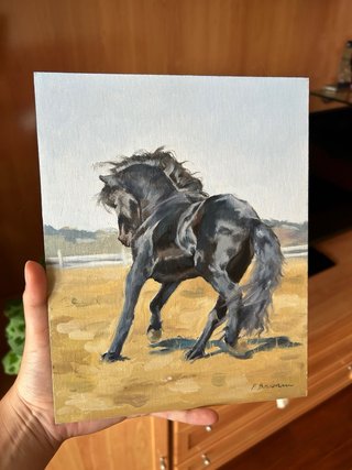 Cuadro al óleo original caballo negro 24x29cm