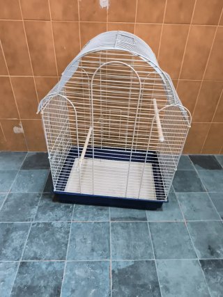Jaula para pájaros blanca y azul
