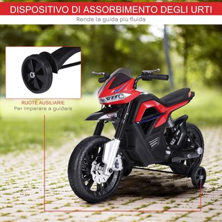 Moto Eléctrica para Niños de 6V con Ruedecillas, Faros y Música, en PP y Metal, 105X52.3X62.3 Cm, Rojo
