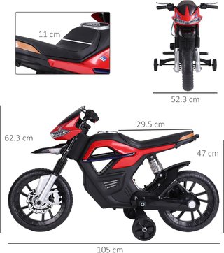 Moto Eléctrica para Niños de 6V con Ruedecillas, Faros y Música, en PP y Metal, 105X52.3X62.3 Cm, Rojo
