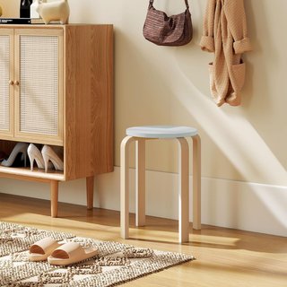 Juego de 4 Taburetes Apilables Redondos, Taburete de Madera Moderna con Base Antideslizante, Sillas Apilables Sin Respaldo con Patas Curvas para Cocina, Bar, Comedor, Oficina, Ø40X45 Cm, Gris