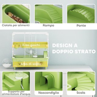 Jaula para Hámster de 2 Niveles y 3 Puertas con Rueda, Arena y Tubos de Juego, Jaula para Animales de Acero, PS y PP, 44.5X28X44 Cm, Verde y Blanco
