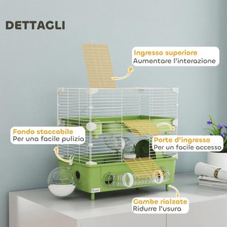 Jaula para Hámster de 2 Niveles y 3 Puertas con Rueda, Arena y Tubos de Juego, Jaula para Animales de Acero, PS y PP, 44.5X28X44 Cm, Verde y Blanco
