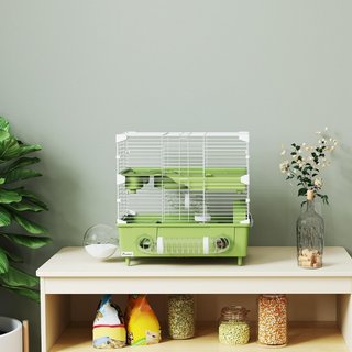 Jaula para Hámster de 2 Niveles y 3 Puertas con Rueda, Arena y Tubos de Juego, Jaula para Animales de Acero, PS y PP, 44.5X28X44 Cm, Verde y Blanco