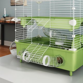 Jaula para Hámster de 2 Niveles y 3 Puertas con Rueda, Arena y Tubos de Juego, Jaula para Animales de Acero, PS y PP, 44.5X28X44 Cm, Verde y Blanco