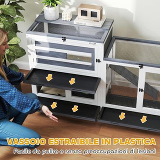 Conejera Interior de 2 Niveles, Jaula para 2-3 Conejos con 6 Ruedas, Rampa, Techo Abatible, Área Abierta y 3 Bandejas, Casa para Conejos de Madera de Abeto, 147X45X89.5 Cm, Gris