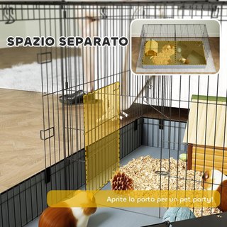 Jaula para Animales Pequeños 2 en 1, Recinto para Conejos y Cobayas con Tapa Desmontable y Fondo Impermeable, Jaulas Separadas con Puerta Central y Rampa, 121X61X61 Cm, Negro