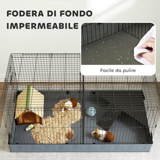 Jaula para Animales Pequeños 2 en 1, Recinto para Conejos y Cobayas con Tapa Desmontable y Fondo Impermeable, Jaulas Separadas con Puerta Central y Rampa, 121X61X61 Cm, Negro