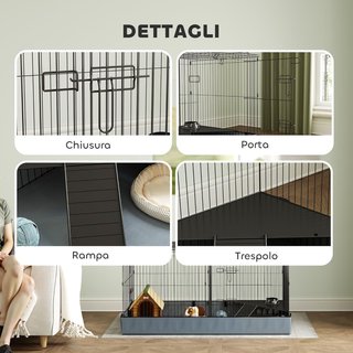 Jaula para Animales Pequeños 2 en 1, Recinto para Conejos y Cobayas con Tapa Desmontable y Fondo Impermeable, Jaulas Separadas con Puerta Central y Rampa, 121X61X61 Cm, Negro